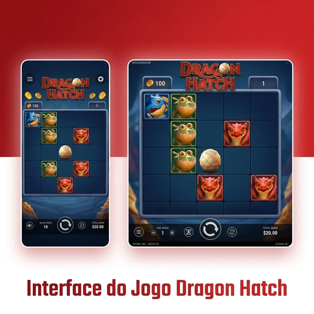 Interface do jogo Dragon Hatch com ovos de dragão, cenário místico e controles de aposta visíveis na tela